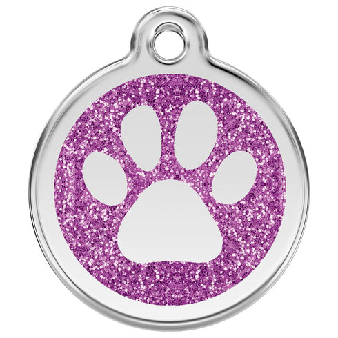 Stainless Steel And Glitter Enamel Paw Print Purple Dog ID Tag