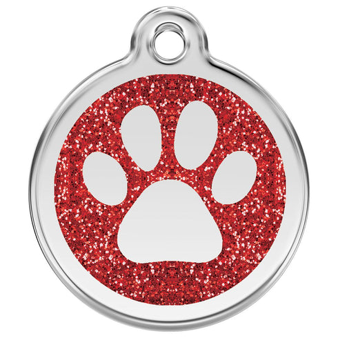 Stainless Steel And Glitter Enamel Paw Print Red Dog ID Tag