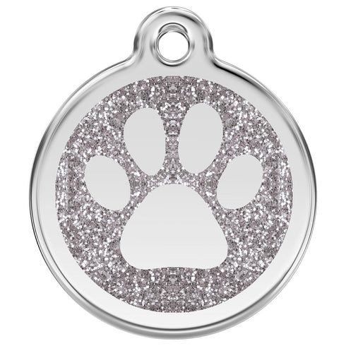Stainless Steel And Glitter Enamel Paw Print Silver Dog ID Tag