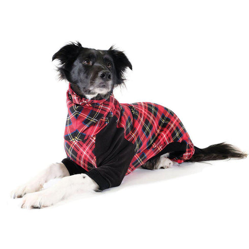 Stretch Fleece Onesie Dog Pajamas Red Tartan/Black