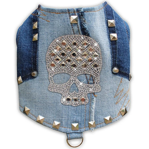 Studded Denim Rhinestone Skull Dog Harness Vest